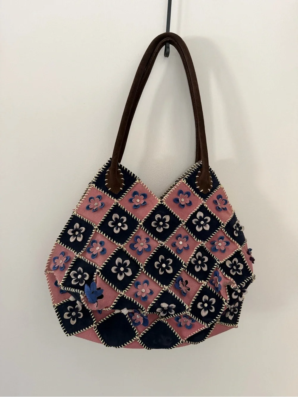 Women’s Suede Pink & Navy Floral Patchwork Tote Bag